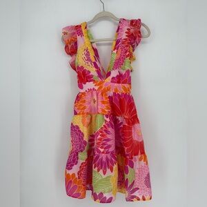 J. Marie Floral V-Neck Dress with Ruffle Sleeves